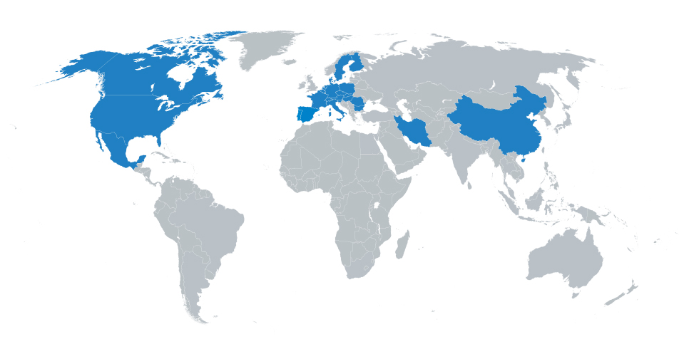 Belgien, Bulgarien, China, Dänemark, Deutschland, Finnland, Frankreich, Iran, Italien, Kanada, Mexiko, Niederlande, Österreich, Polen, Portugal, Rumänien, Schweden, Schweiz, Slowakai, Slowenien, Spanien, Tschechien, Ungarn, USA